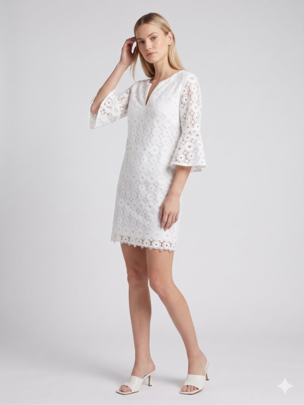 Trina Turk Loomis White Bell-Sleeve Embroidered Lace Shift Dress Size 8 EUC